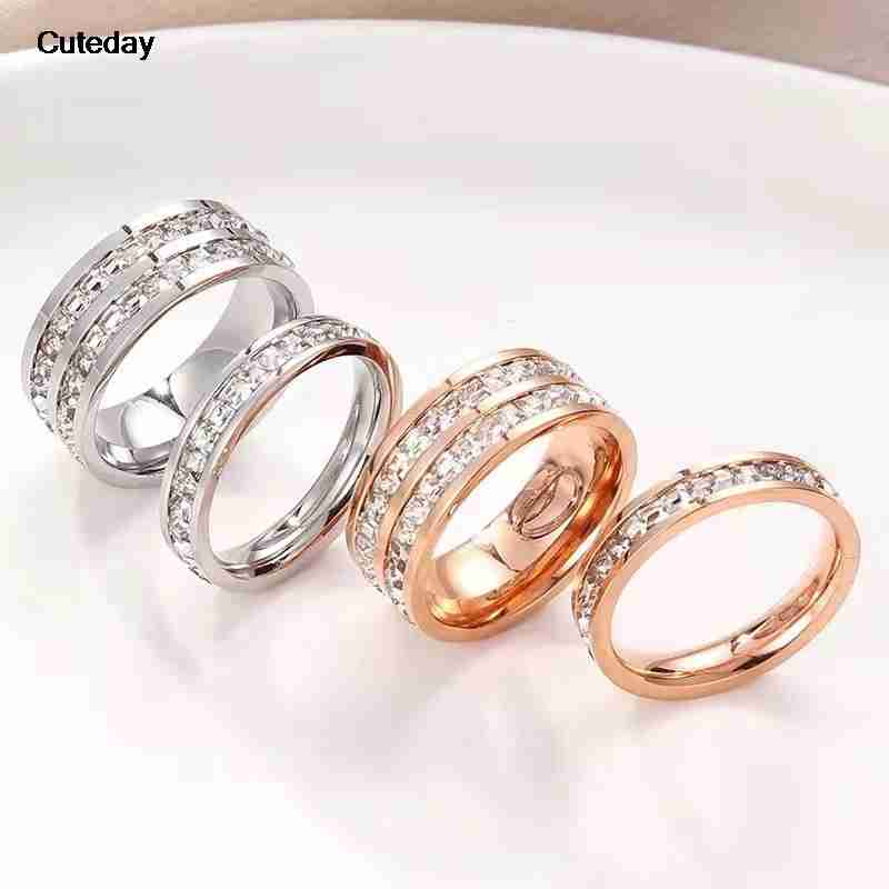 Luxury Rose Gold Double Rowed Square Zircon Stainless Steel Ring Women's Romantic Engagement Wedding Party Jewelry Women Gift