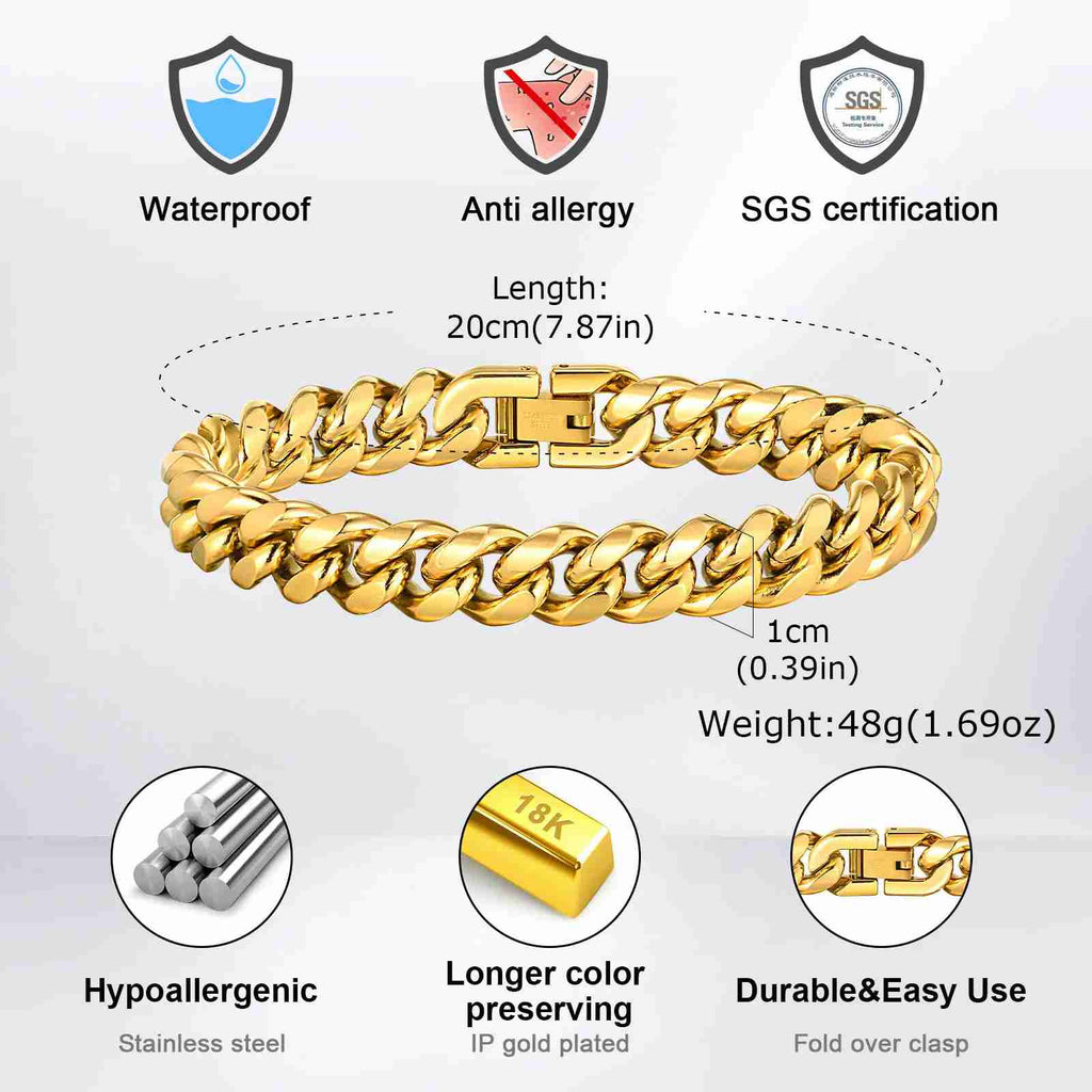Gold Color Cuban Chain Bracelets for Men,6/8/10/12MM Stainless Steel Chain Link Wristband,Casual Hip Hop Male Jewelry Gift