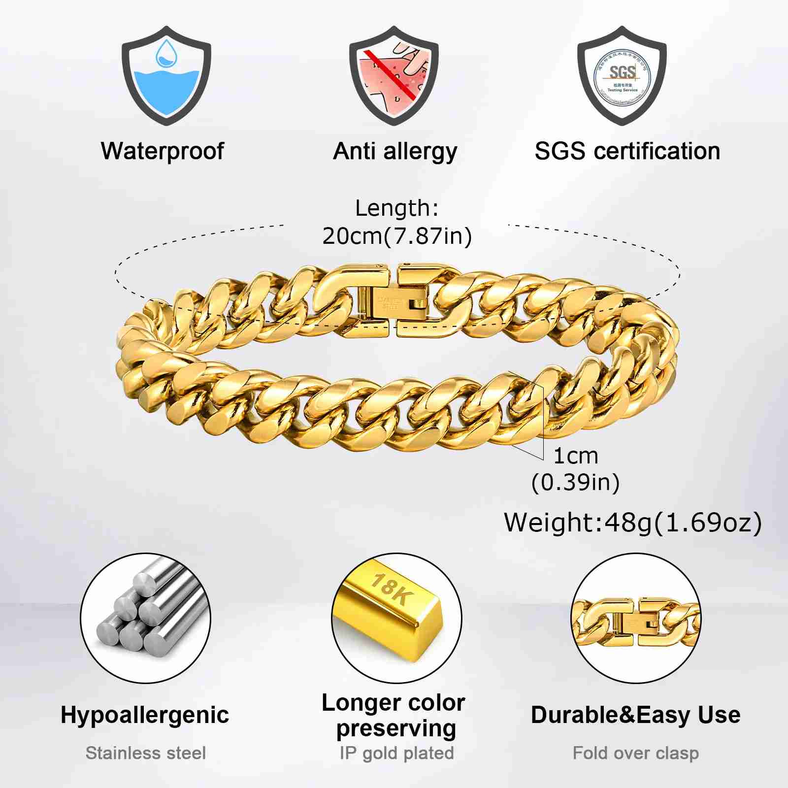 Gold Color Cuban Chain Bracelets for Men,6/8/10/12MM Stainless Steel Chain Link Wristband,Casual Hip Hop Male Jewelry Gift