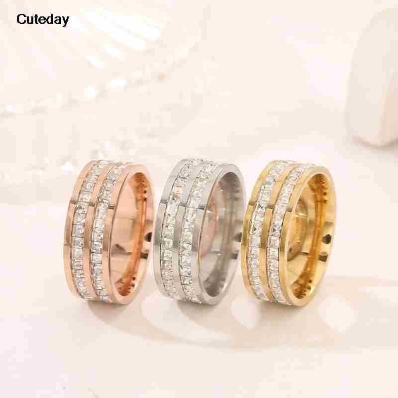 Luxury Rose Gold Double Rowed Square Zircon Stainless Steel Ring Women's Romantic Engagement Wedding Party Jewelry Women Gift