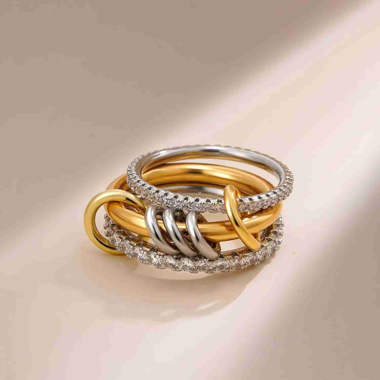 New Stainless Steel Cubic Zirconia Stackable Rings for Women 18k GoldPlating Multi-Link Connected Statement Ring Stack Jewelry