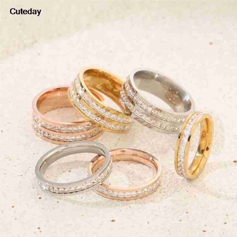 Luxury Rose Gold Double Rowed Square Zircon Stainless Steel Ring Women's Romantic Engagement Wedding Party Jewelry Women Gift