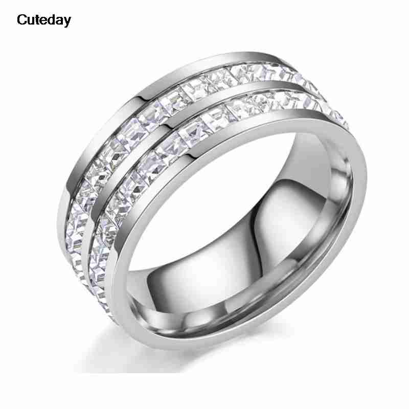 Luxury Rose Gold Double Rowed Square Zircon Stainless Steel Ring Women's Romantic Engagement Wedding Party Jewelry Women Gift