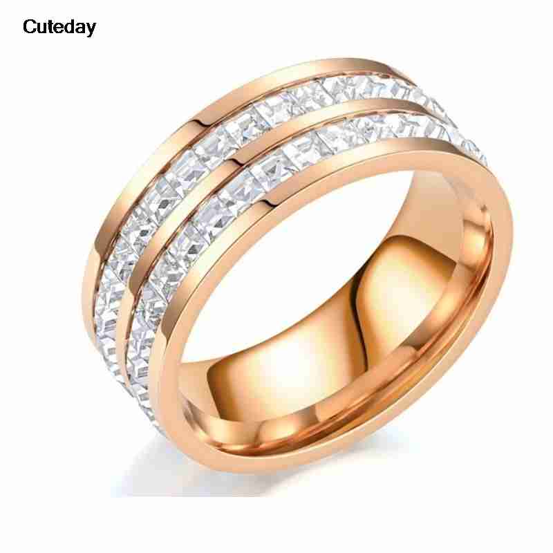 Luxury Rose Gold Double Rowed Square Zircon Stainless Steel Ring Women's Romantic Engagement Wedding Party Jewelry Women Gift